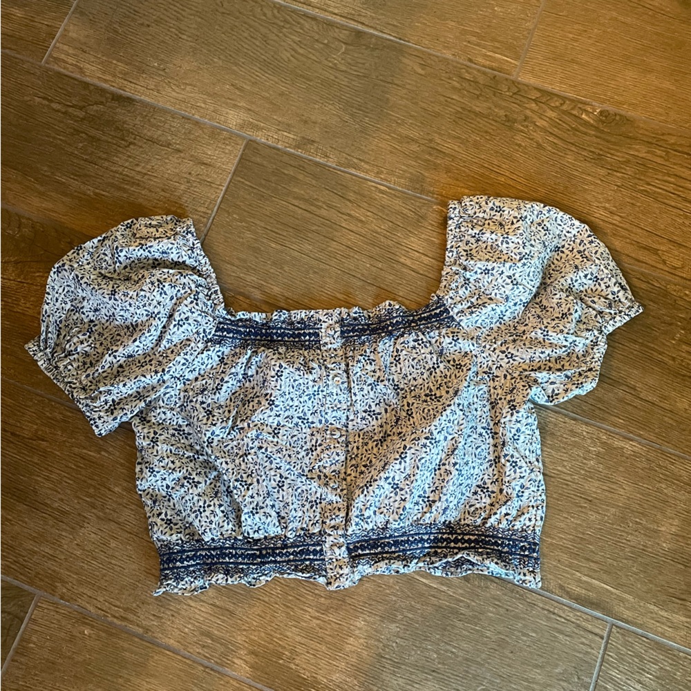 Madewell Blue Floral Puff-Sleeve Crop Top - Picture 4 of 7